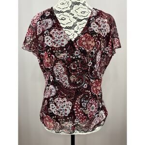 Vintage Ny & Co Top Womens Large Paisley Floral Burgundy V Neck‎ Retro 90s Y2K